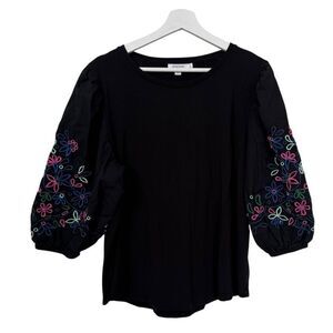 Chico's Black Floral Embroidered Puff Sleeve Knit Top